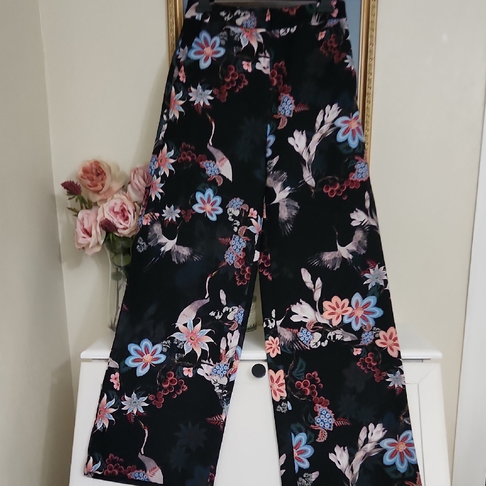 H&M Black Floral Wide-Leg Pants